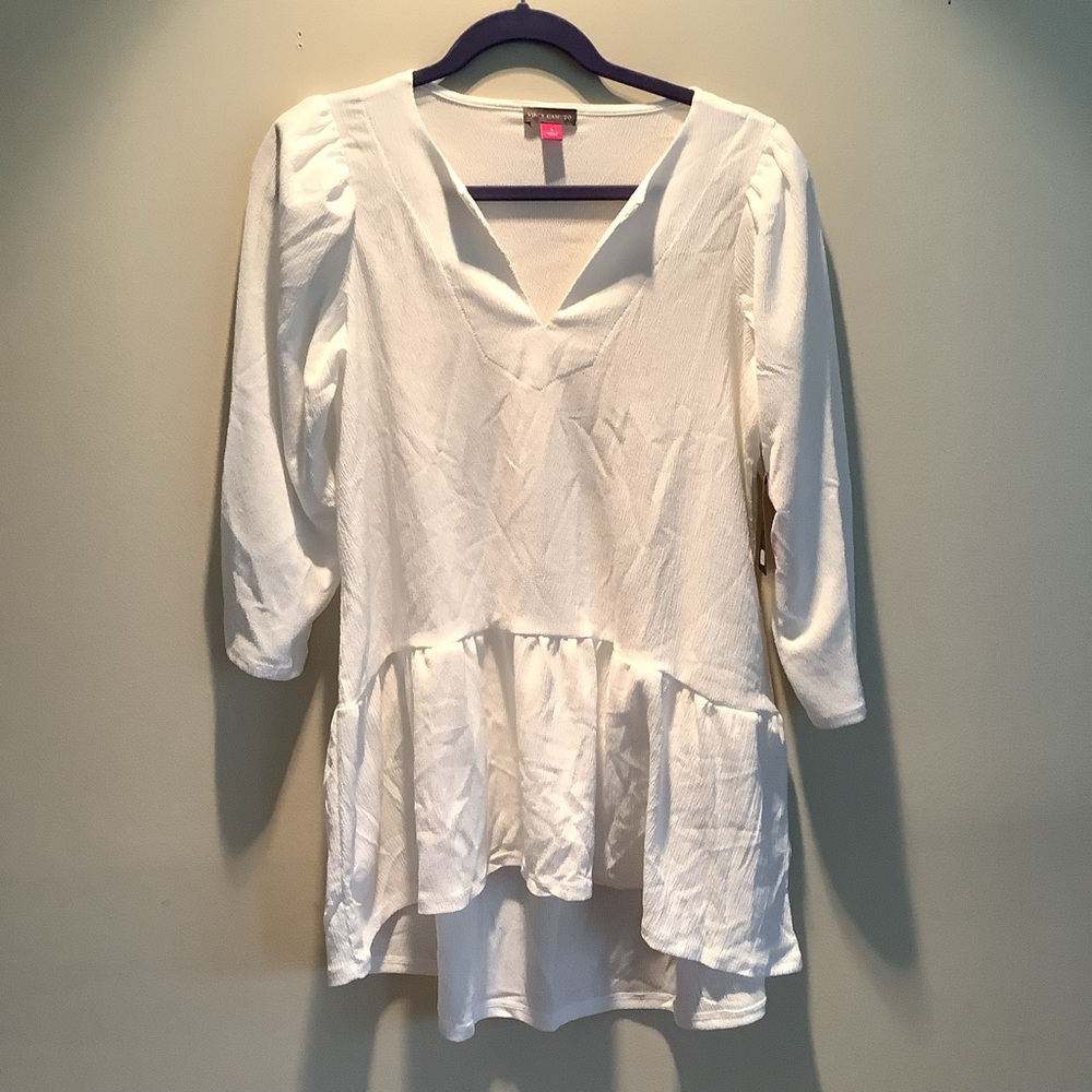 NWT Vince Camuto Elegant Cream Hi Low V-Neck Women's Top Sz Sm OVERSIZED